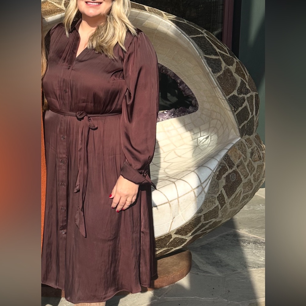 Lane Bryant 
Chocolate brown satin shirt dress size 18